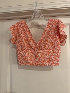 Pink Lily Orange Floral V-Neck Ruffle Crop Top